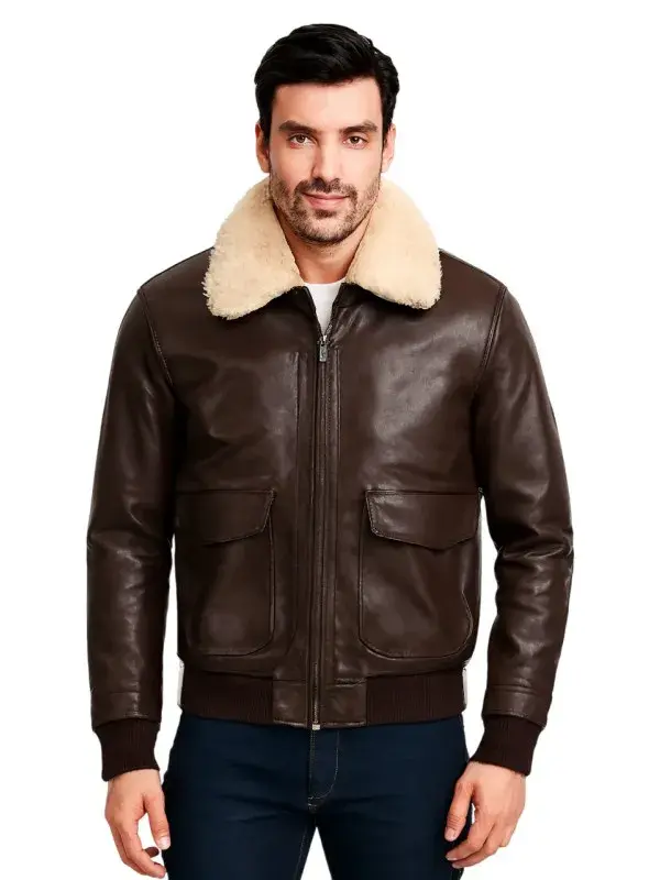 Men Brown Pilot Bomber Shearling Jacket