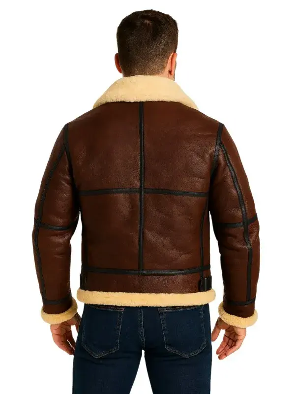 Mens Shearling Brown Bomber Leather Jacket - Image 2