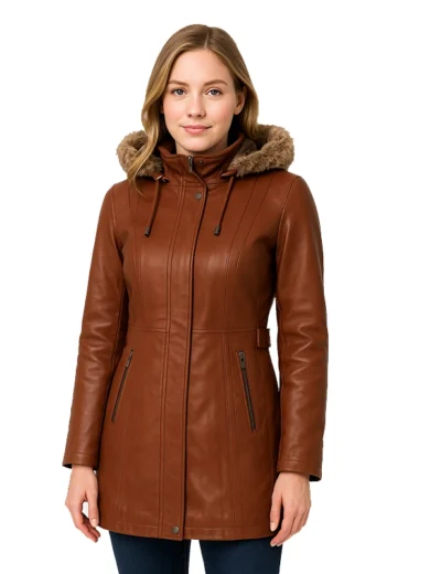 Women Brown Leather Coat With Fur Trim Removable Hood