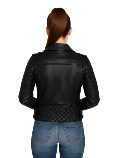 Womens Boda Style Quilted Leather Biker Jacket Black