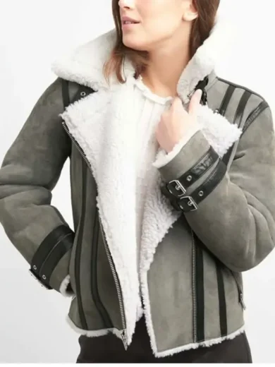 Women’s Shearling Grey Motorcycle Leather Jacket