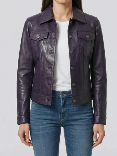 Fernando Women Purple Wax Leather Trucker Jacket