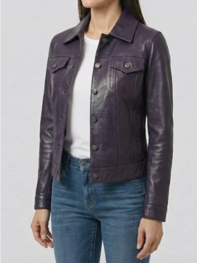 Fernando Women Purple Wax Leather Trucker Jacket