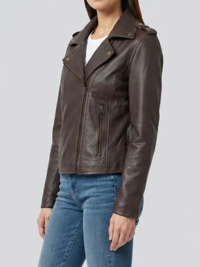 Women's Dark Brown Asymmetrical Leather Biker Jacket