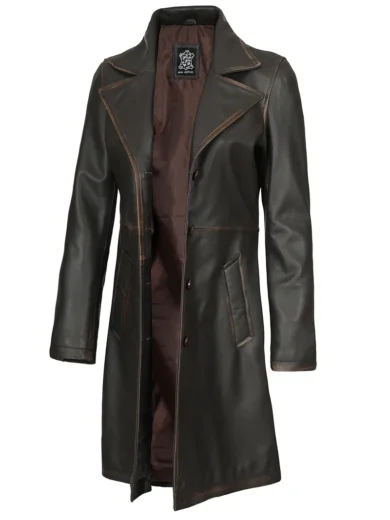 Bryson Women's Rub Off Dark Brown Leather Long 3/4 Coat