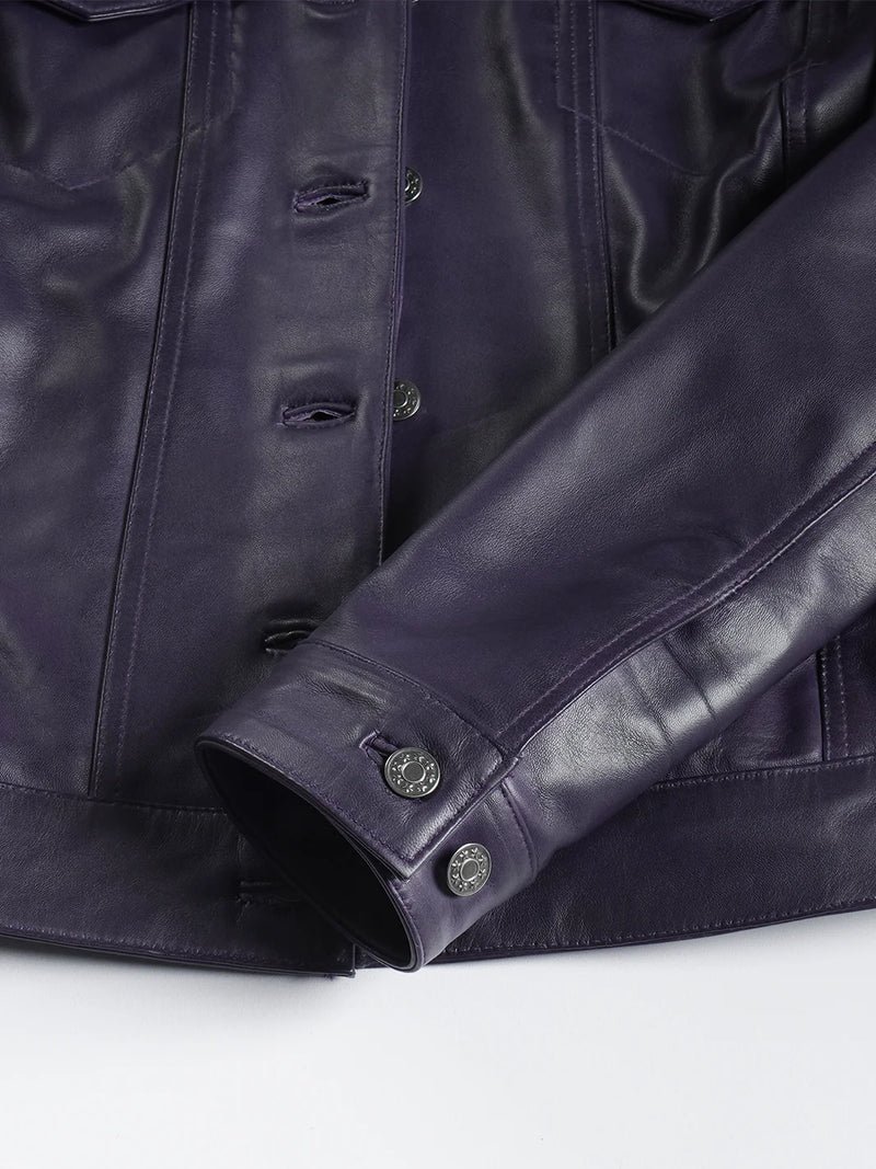 Fernando Women Purple Wax Leather Trucker Jacket