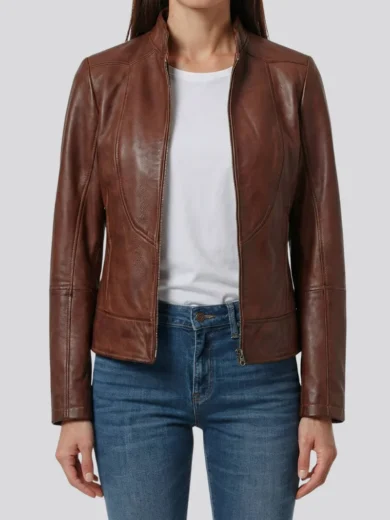 Amy Women Cognac Brown Cafe Racer Leather Jacket
