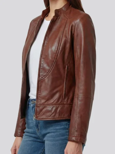 Amy Women Cognac Brown Cafe Racer Leather Jacket