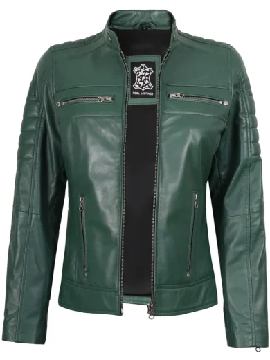 Austin Women Cafe Racer Style Green Leather Jacket