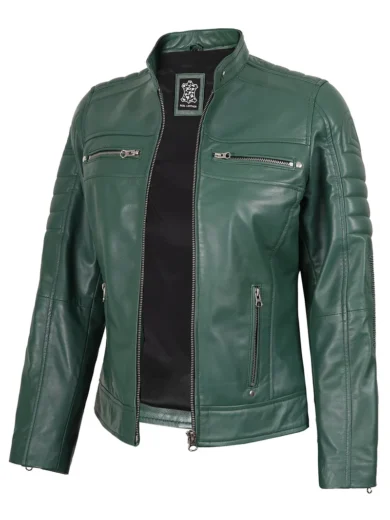 Austin Women Cafe Racer Style Green Leather Jacket