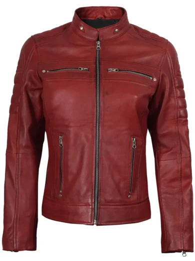 Austin Womens Red Cafe Racer Style Leather Jacket
