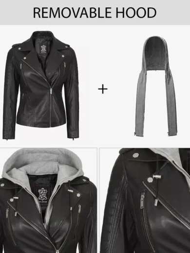 Womens Black Leather Biker Style Jacket With Removable Hood