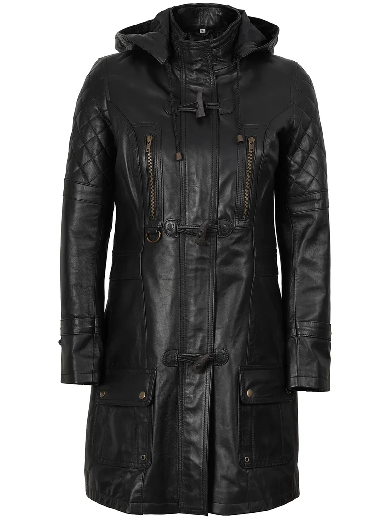 Women’s 3/4 Length Black Leather Coat With hood