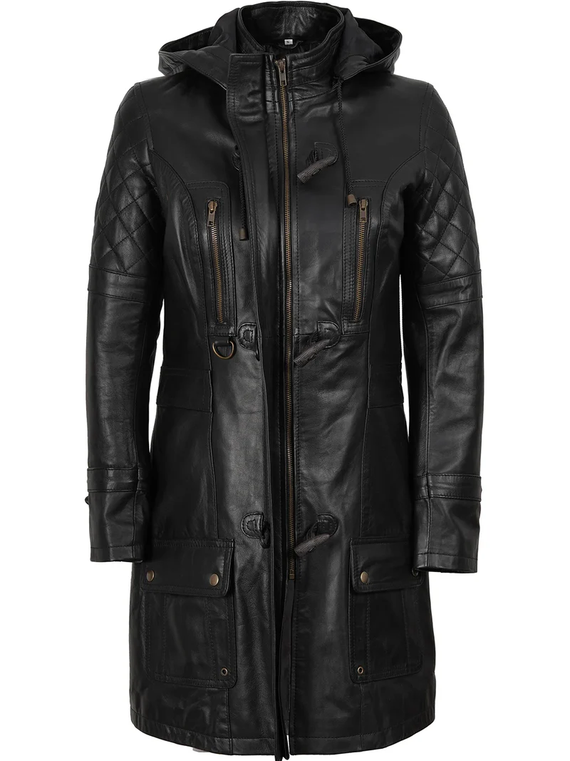 Women’s 3/4 Length Black Leather Coat With hood