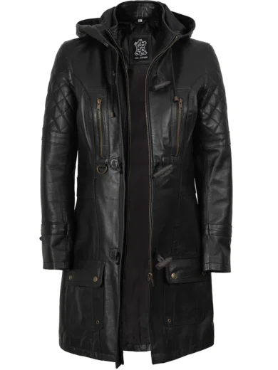 Women’s 3/4 Length Black Leather Coat With hood