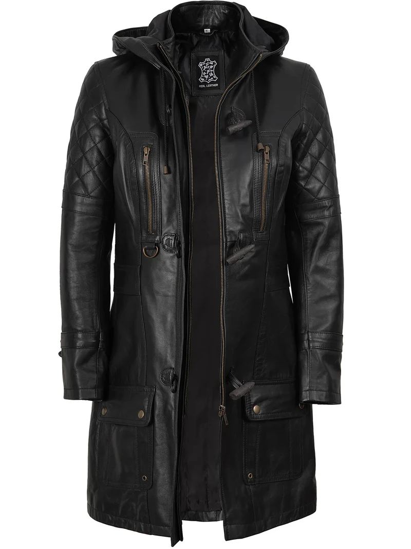 Women’s 3/4 Length Black Leather Coat With hood