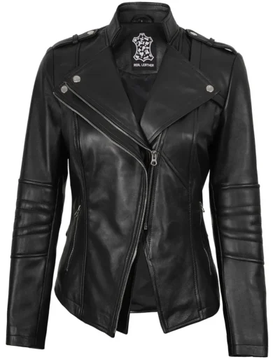 Women’s Black Lambskin Asymmetrical Real Leather Jacket