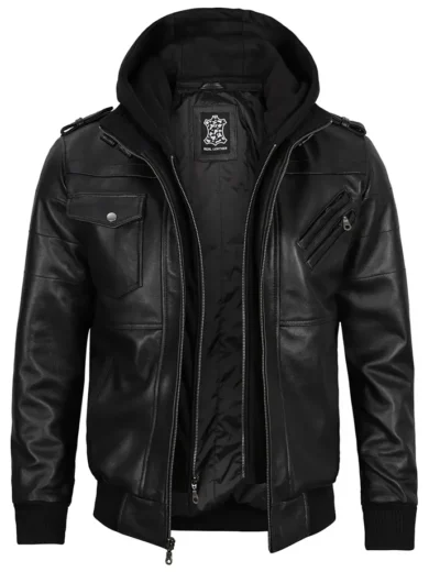 Edinburgh Mens Black Bomber Leather Jacket With Removable Hood