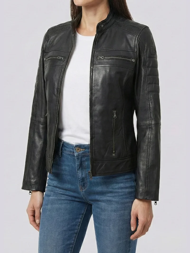 Austin Women's Black Cafe Racer Style Leather Jacket