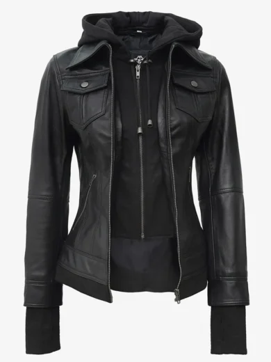 Real Leather Womens Black Bomber Jacket with Removable Hood