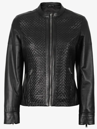 Women's Black Textured Cafe Racer Leather Jacket