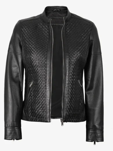 Women's Black Textured Cafe Racer Leather Jacket