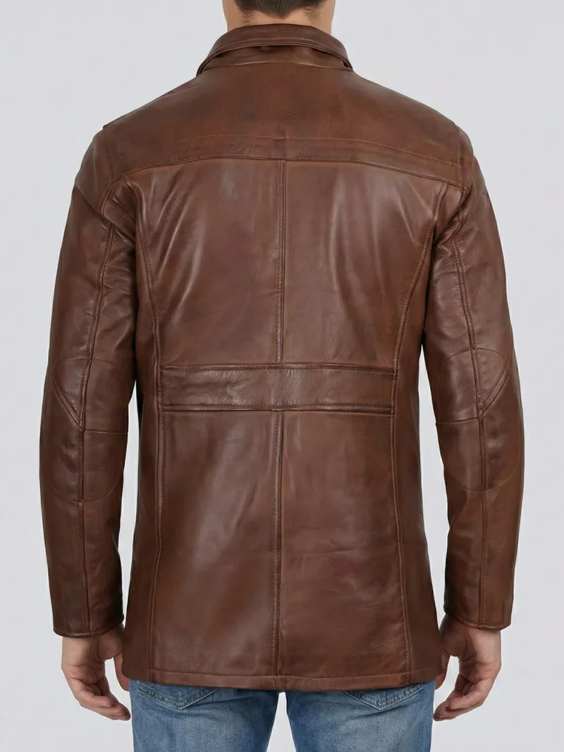 Men’s 3/4 Length Cognac Brown Leather Coat