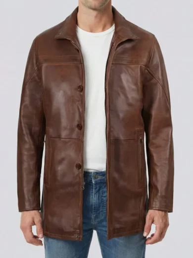Men’s 3/4 Length Cognac Brown Leather Coat