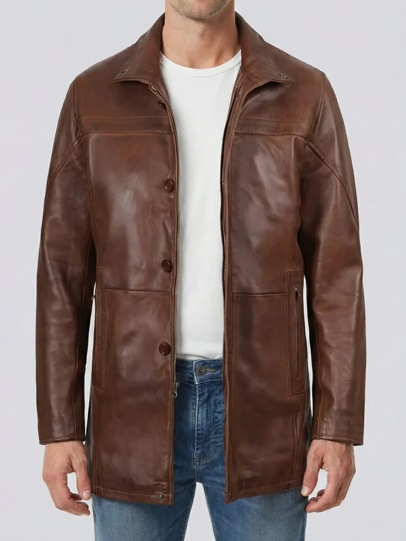 Men’s 3/4 Length Cognac Brown Leather Coat