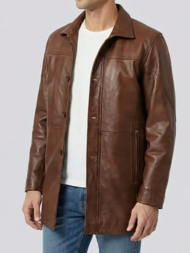 Men’s 3/4 Length Cognac Brown Leather Coat