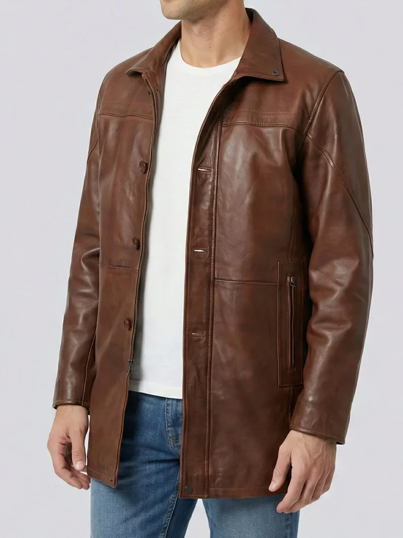 Men’s 3/4 Length Cognac Brown Leather Coat