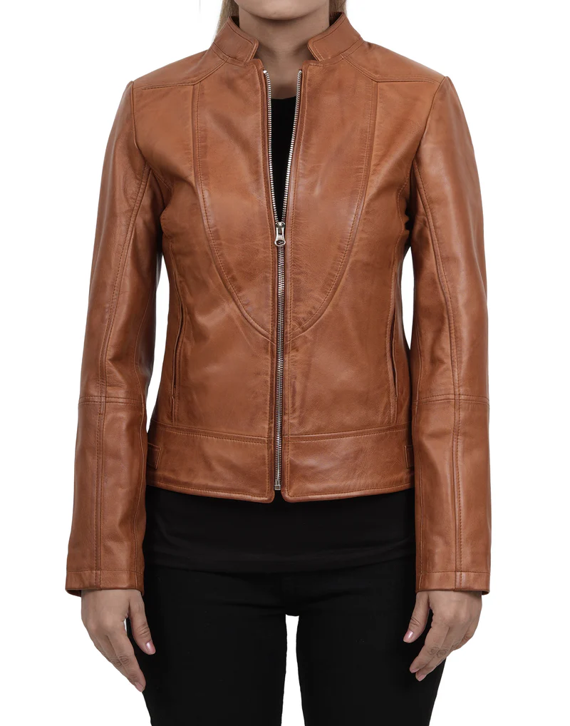 Amy Womens Cafe Racer Tan Brown Real Leather Jacket