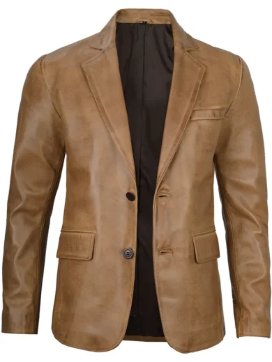 Men’s Camel Brown Two Button Real Leather Blazer