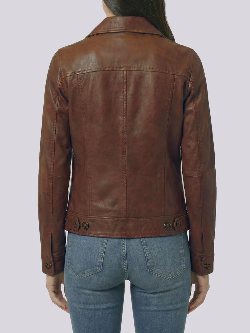 Fernando Womens Cognac Brown Leather Trucker Jacket
