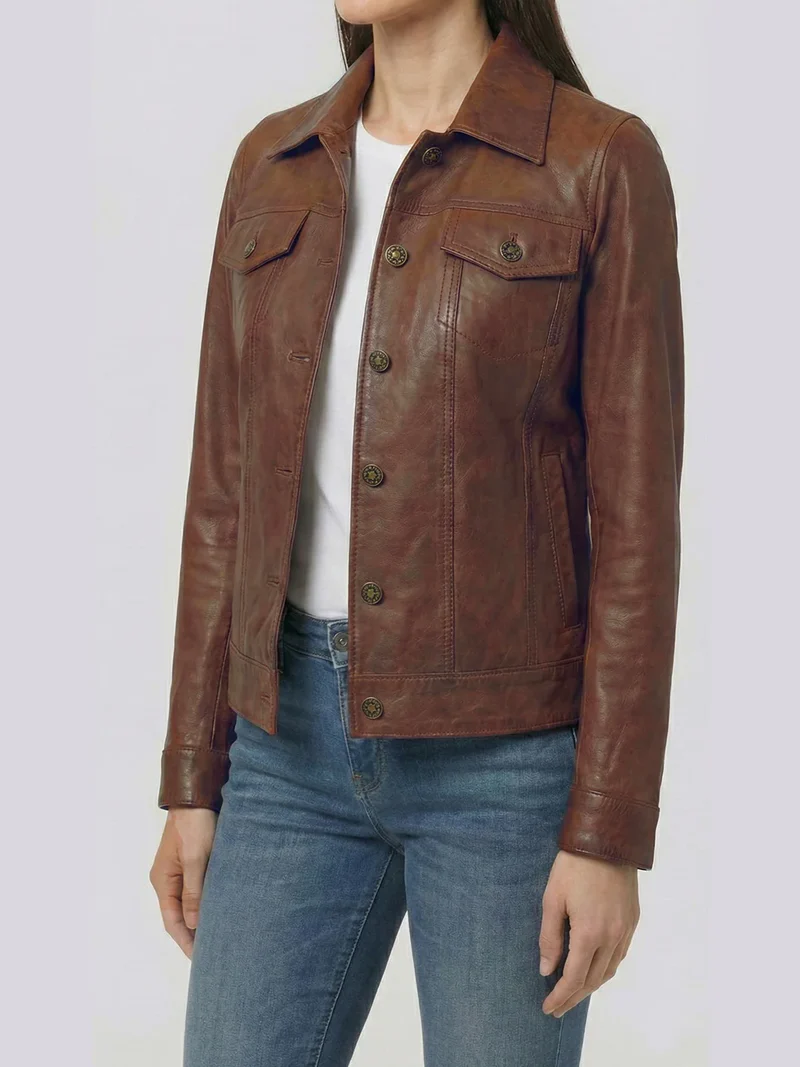Fernando Womens Cognac Brown Leather Trucker Jacket