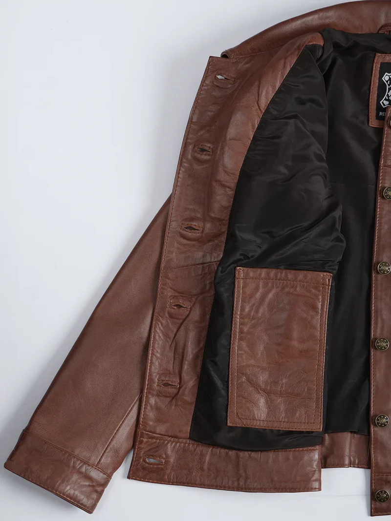 Fernando Womens Cognac Brown Leather Trucker Jacket