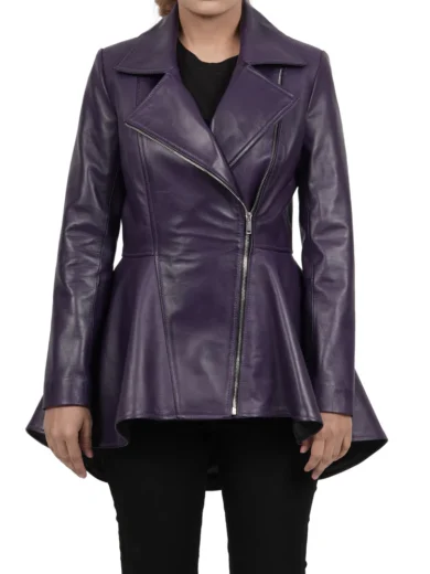 Women's Asymmetrical Purple Peplum Leather Jacket