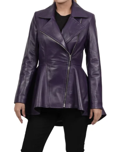Women's Asymmetrical Purple Peplum Leather Jacket