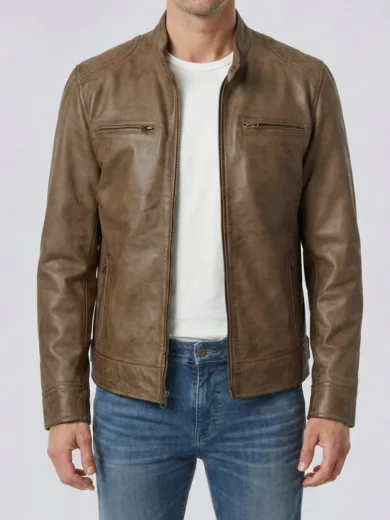 Dodge Men's Camel Brown Leather Cafe Racer Style Jacket