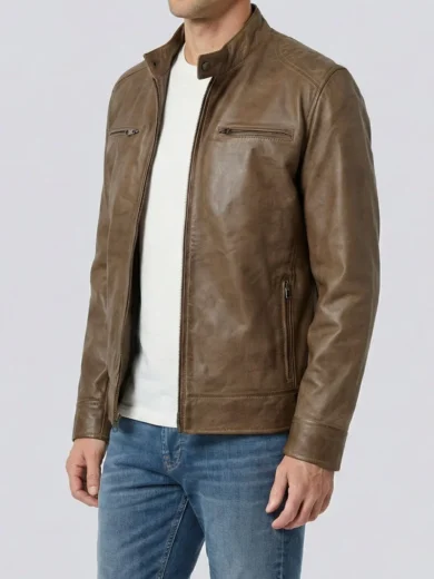 Dodge Men's Camel Brown Leather Cafe Racer Style Jacket