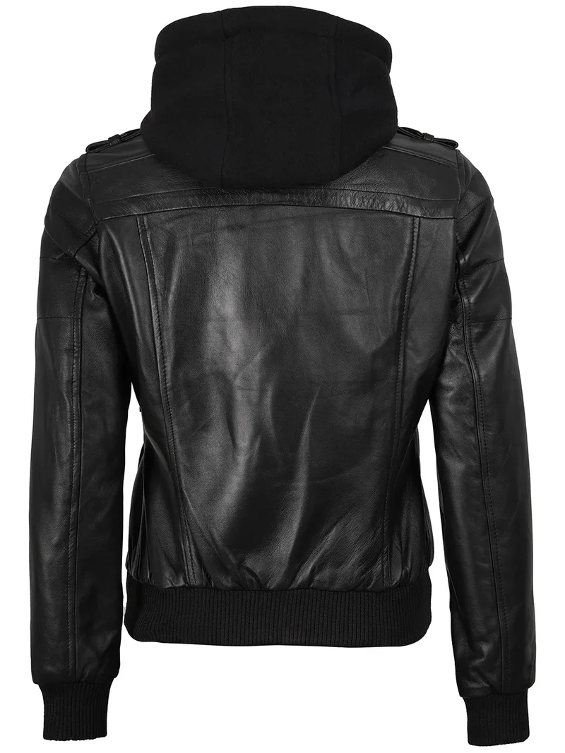 Women's Black Bomber Real Leather Jacket with Removable Hood