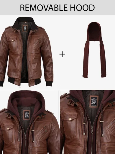 Edinburgh Mens Brown Bomber Leather Jacket With Removable Hood