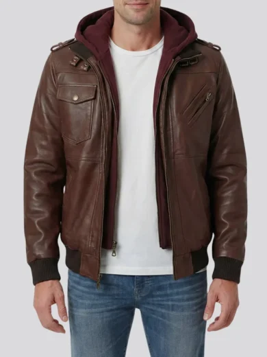 Edinburgh Men's Dark Brown Leather Bomber Jacket With Removable Hood