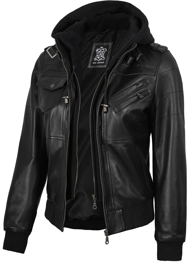Women's Black Bomber Real Leather Jacket with Removable Hood