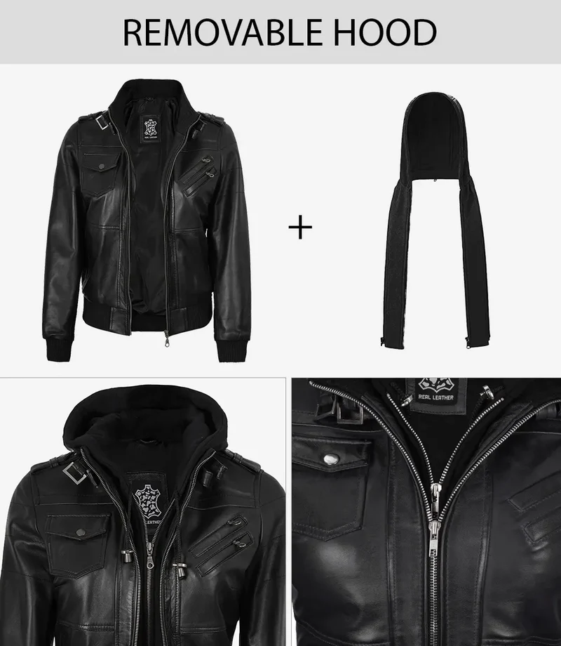 Women's Black Bomber Real Leather Jacket with Removable Hood