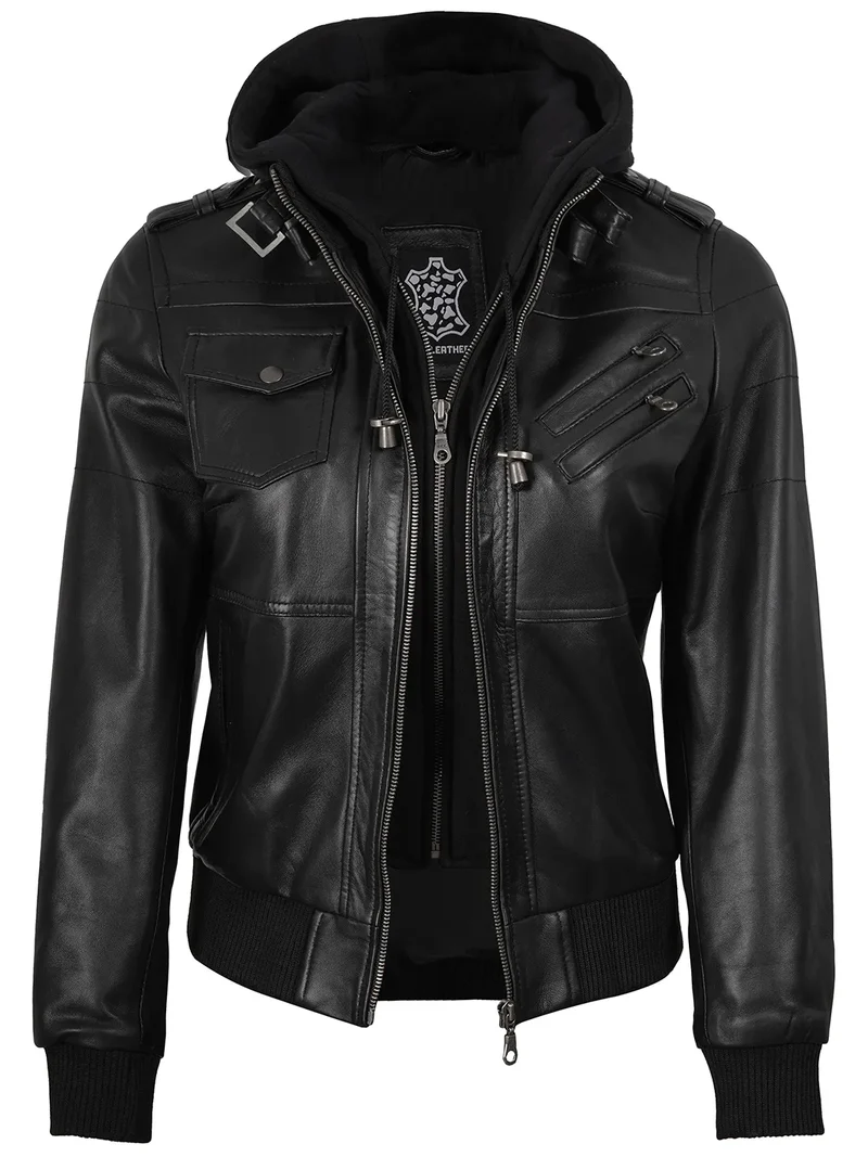 Women's Black Bomber Real Leather Jacket with Removable Hood