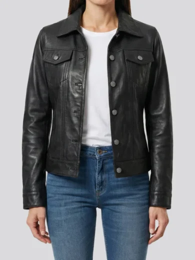 Fernando Women's Black Leather Trucker Jacket