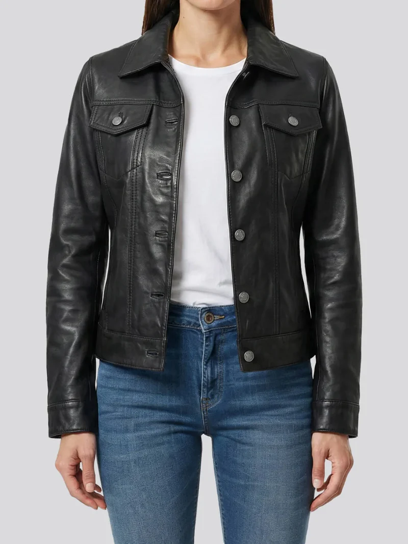 Fernando Women's Black Leather Trucker Jacket