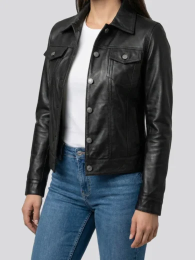 Fernando Women's Black Leather Trucker Jacket