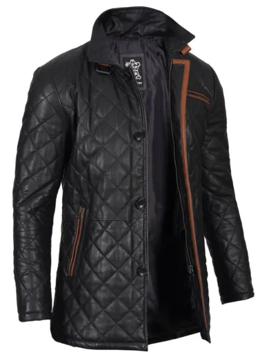 Glen Mens Black Real Leather Car Coat | Quilted Pattern